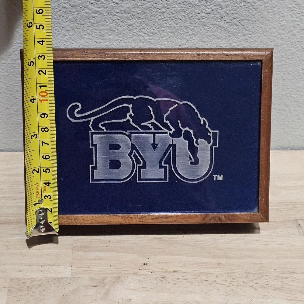 Vintage Carved Stone Slab BYU Cougars Lined Wood Trinket Box, Catch All Jewelry